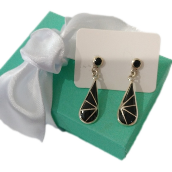 Vintage Sterling Silver+ Polished Onyx Zuni Spiderweb Dangle Earrings K.E.K
